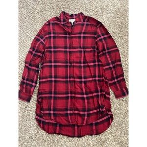 H&M Red Plaid Long Button Down Shirt Size 4 Small